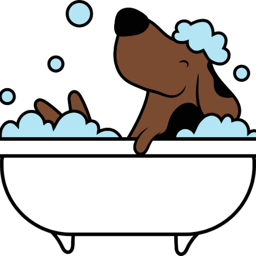 A brown dog soaking in a bubbly bath, peeking over the edge of a white tub.