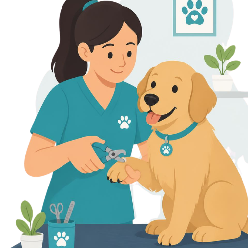 Veterinary technician in teal scrubs clips a dog's nails on a grooming table, dog wearing blue collar and paw-print badge nearby