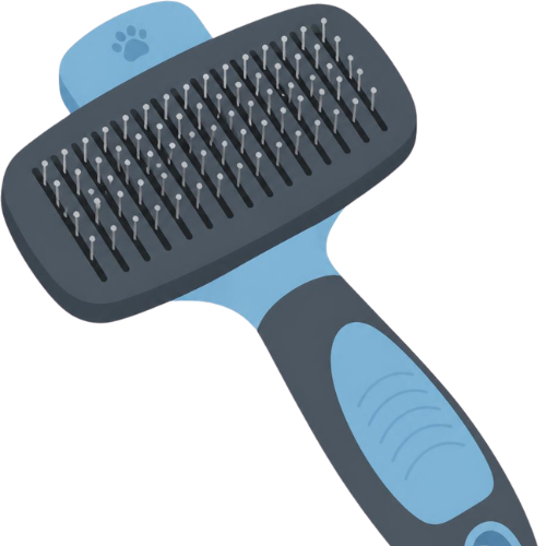 Blue and gray slicker pet brush with many metal pins for grooming dogs or cats.