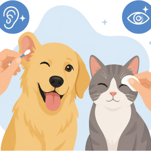 Dog and cat receiving ear and eye care in a cute cartoon scene; a person uses a cotton swab on the dog's ear and on the cat's eye area, with care icons above.