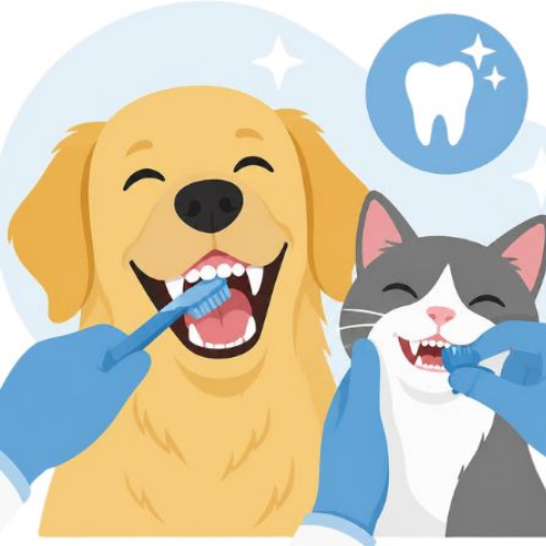 Dog and cat have their teeth brushed with gloved hands, smiling mouths during a dental cleaning.